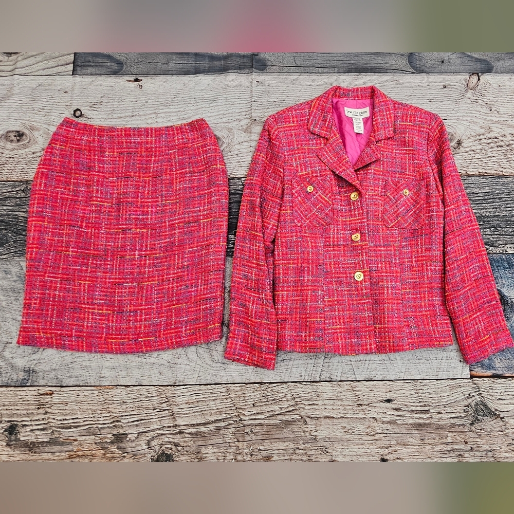 Vintage Lew Magram Collection 2 Pc Tweed Skirt Suit Size 8 Long Sleeve Lined